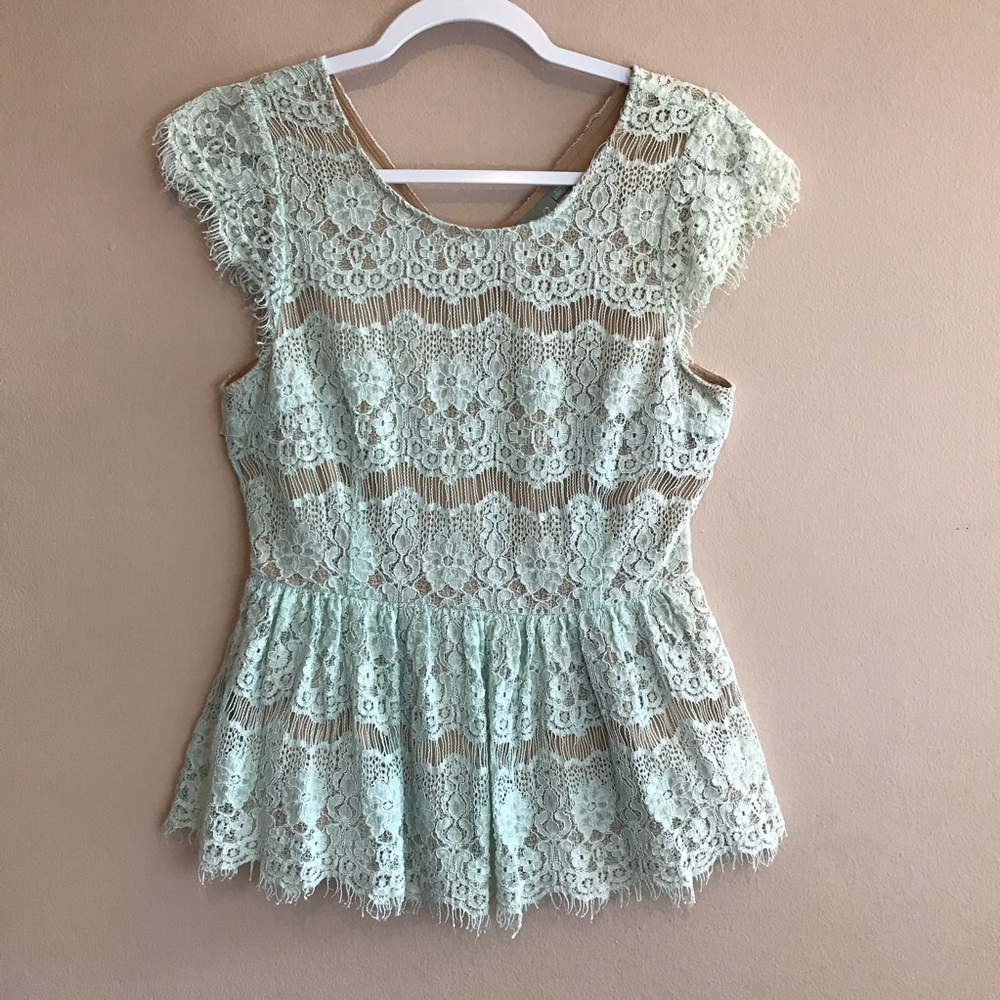 Anthropologie Mint Lace Cap Sleeve Blouse
